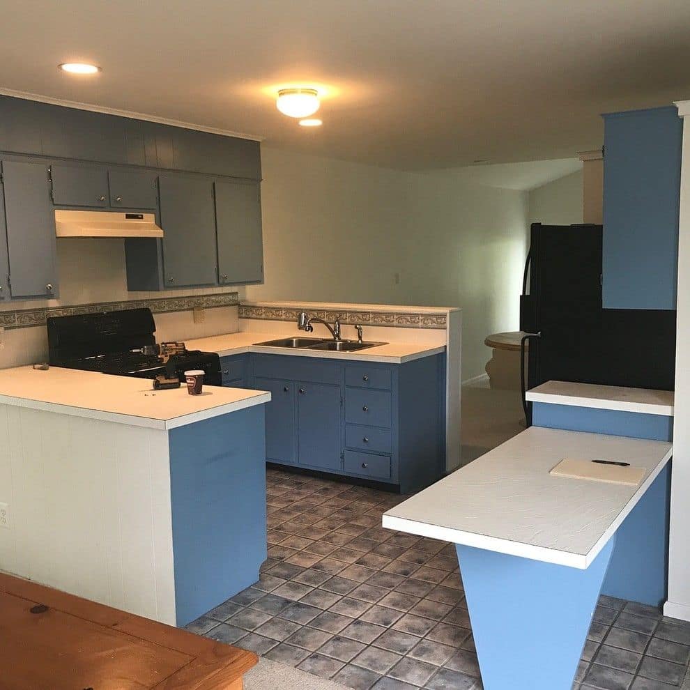 Before: the blue kitchen with a peninsula